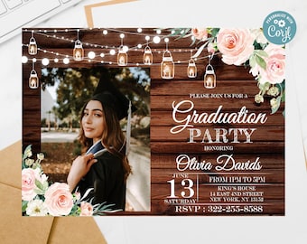 Pink Floral Graduation Party Photo Invitation (Digital Download)