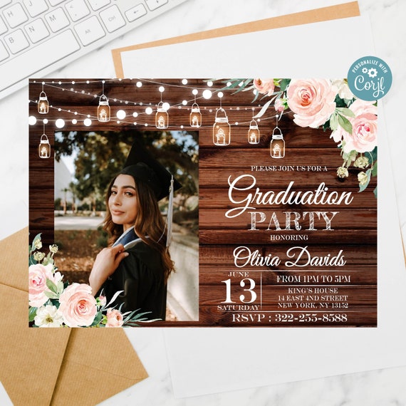 Pink Floral Graduation Party Photo Invitation (Digital Download)