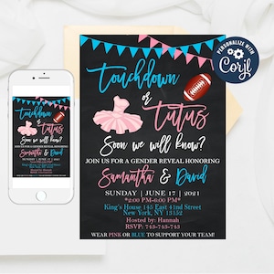 Invito per rivelazione del sesso del bambino con Touchdown o Tutus: modello modificabile