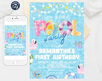 Floral Pool Party Invitation: Editable Summer Birthday Invite