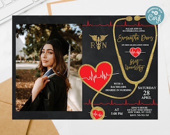 Editable Nursing School Graduation Announcement: RN Photo Invitation (Digital)
