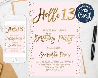 Editable Pink and Gold Thirteenth Birthday Invitation, 13th Birthday Invitation, Rustic Birthday Invitation, Template Invitation, Any Age 5