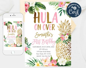 Editable Hawaiian Pineapple Birthday Invitation, Tropical Summer Birthday, Aloha Girls, Luau Party Invite Template, Pineapple Invitation 372
