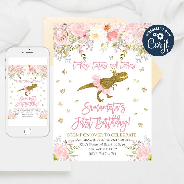 Editable Floral Dinosaur Birthday Invitation. T-Rex, Tutus & Tiaras. Dinosaur Birthday Invite,Dinosaur Theme,Pink and Gold Girl Template 319