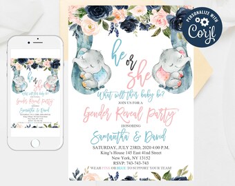 Könnte beinhalten: Eine Einladung zur Gender-Reveal-Party mit Aquarell-Elefanten, floralen Akzenten und dem Text "He or She, What will their baby be?" Die Einladung enthält Veranstaltungsdetails und die Namen Samantha & David.