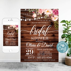 Editable Rustic Bridal Shower Invitation, String light Bridal Shower Invite, Flowers Bridal Shower Invitation, Rustic wedding shower 037