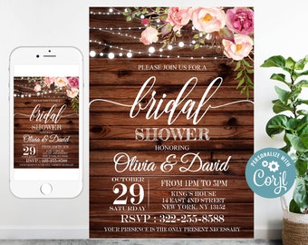 Rustic Floral Bridal Shower Invitation: String Lights (Editable Template)