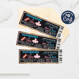 Bearbeitbare Touchdown oder Tutus Gender Reveal Einladung, Ticket Gender Neutral Babyparty einladen, Junge oder Mädchen, rosa oder blaue Vorlagen 316