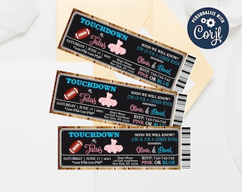 Editable Touchdown or Tutus Gender Reveal Invitation, Ticket Gender Neutral Baby Shower Invite, Boy or Girl, Pink or Blue Templates 316