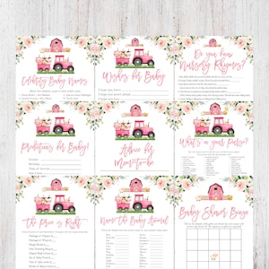 Lot de 7 jeux de baby shower ferme rose à imprimer pour fille, animaux de la ferme, jeux de baby shower, pack de 7 jeux de baby shower de tracteur