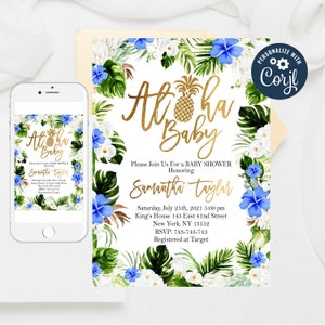 Gold Pineapple Aloha Baby Shower Invitation (Editable Template)