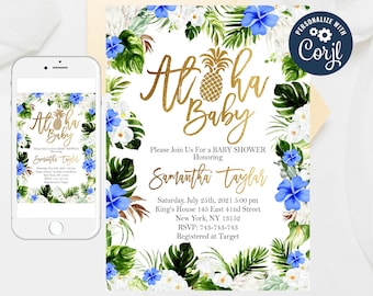 Gold Pineapple Aloha Baby Shower Invitation (Editable Template)