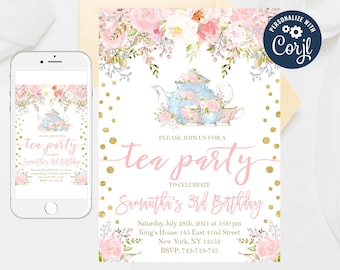 Editable Tea Party Birthday Invitation, Girls Tea Time Birthday Invites, Floral Tea Party Birthday,Vintage Tea Party Birthday Template 281-2