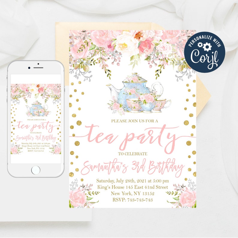 May include: A pink and gold tea party invitation featuring a watercolour illustration of a teapot and teacups. The invitation reads "Please join us for a tea party to celebrate Samantha's 3rd Birthday." The date, time, location, and RSVP details are also provided.