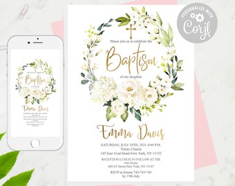 White Roses Baptism Invitation Template (Instant Download)