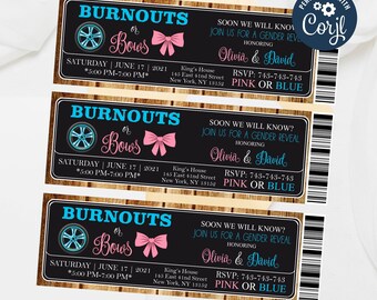 May include: A gender reveal party invitation with a black chalkboard background and a woodgrain border. The invitation says "Burnouts or Bows" with a blue car tire and a pink bow. The text also includes the date, time, location, and RSVP information. The invitation is personalized with the names "Olivia & David".