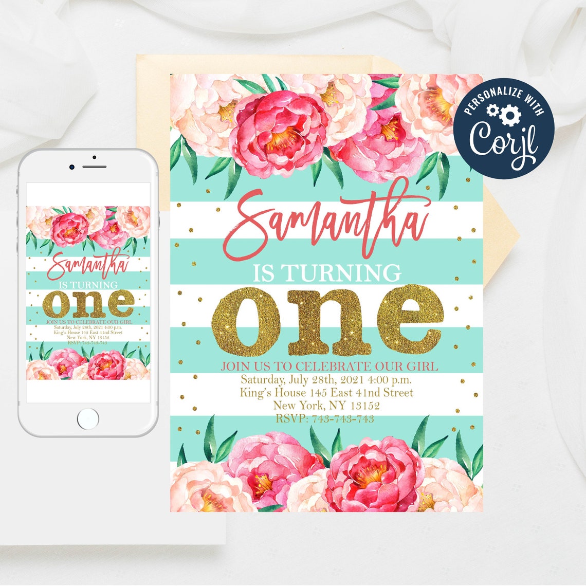 Editable Floral Mint Birthday Invitation Mint Gold Floral Etsy