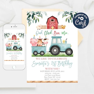 Editable Boy Barnyard Birthday, Blue Farm Invitations,Farm Birthday Invitation, Boy Farm Animals Birthday Invite Template Invitation 60