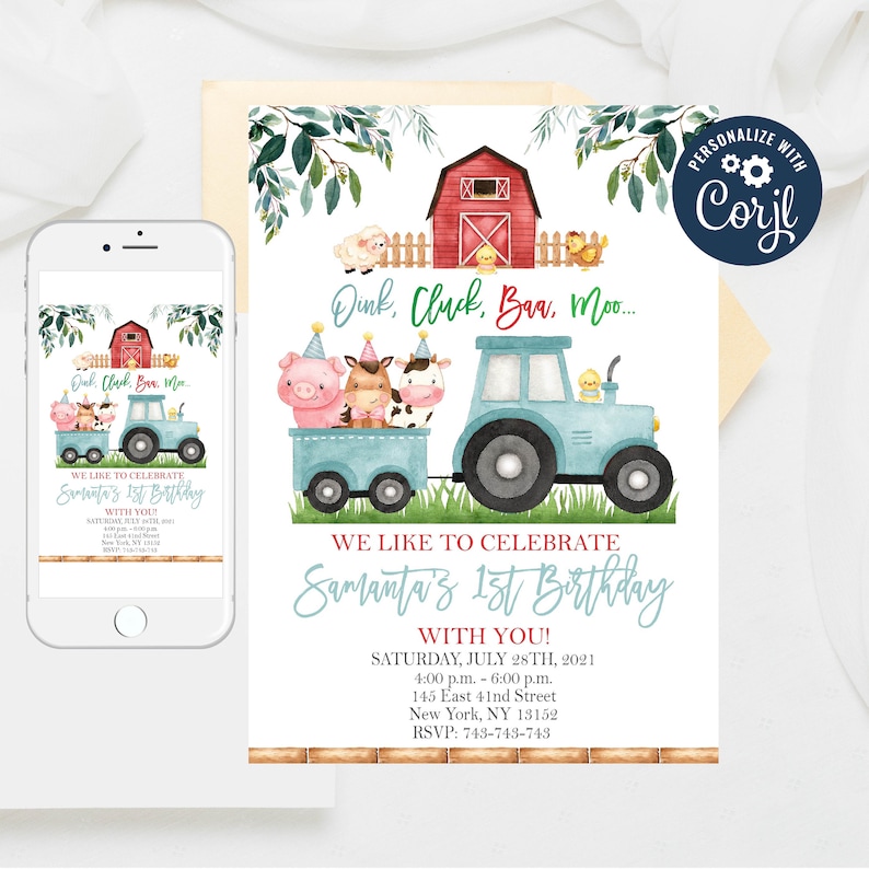 Editable Boy Barnyard Birthday Blue Farm InvitationsFarm Birthday Invitation Boy Farm Animals Birthday Invite Template