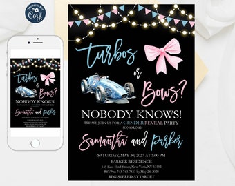 Turbos or Bows Gender Reveal Invitation: Editable Car Theme (Digital Download)
