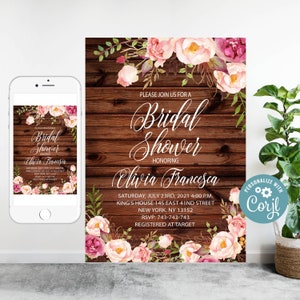 Faire-part de douche nuptiale floral rustique : design bohème modifiable (téléchargement numérique)