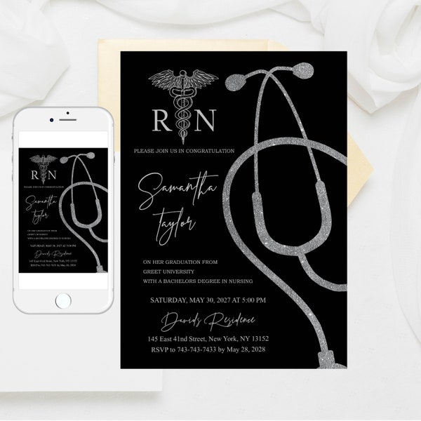 Editable Nursing School Graduation Announcement, Silver Medical Nurse Invite, RN Nursing invitation, Licensed Vocational Nurse Invitation 03