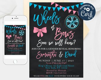 Wheels or Bows Gender Reveal Invitation: Editable Party Invite (Digital Download)