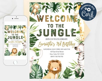 Editable Safari Party Invitation, WILD Animal invitations, Party Animals Lion Giraffe Elephant Monkey, Jungle Birthday Invitation 354-1