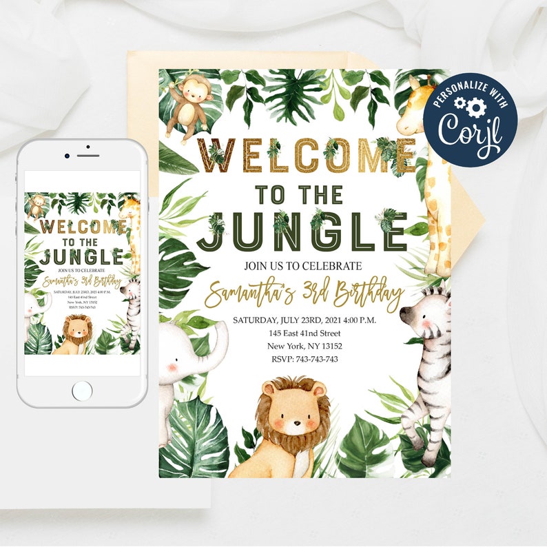 Editable Safari Party Invitation WILD Animal invitations Party Animals Lion Giraffe Elephant Monkey Jungle Birthday