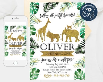 Editable Jungle Birthday Invitation Gold Jungle Lion Giraffe Elephant Wild one invitation Jungle First birthday Safari Birthday Template 240