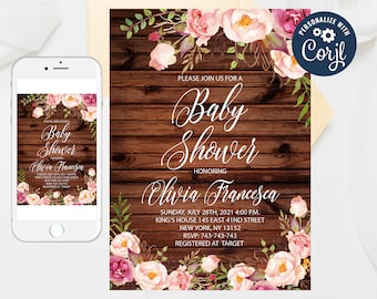Bloemenuitnodiging babyshower: rustieke pioenroos, roos (bewerkbaar)