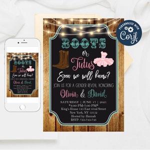 Boots or Tutus Gender Reveal Invitation Template (Editable)