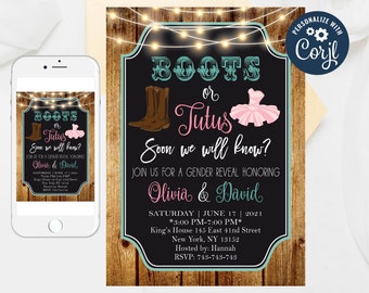 Editable Boots or Tutus gender reveal invites, Gender reveal invitation, Gender Reveal Party, Boots or Tutus Invitation Templates 82