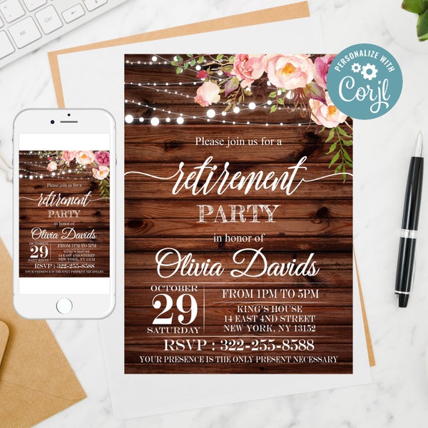 Editable Floral Retirement Invitation, Rustic Retirement Party Invitation,Fairy Lights, Template Rustic Retirement Party Invitation185