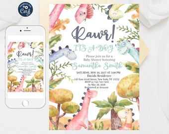 Editable Dinosaur Baby Shower Invitation: Watercolor Jungle Theme (Digital Download)
