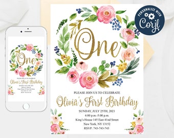 Editable Boho First Birthday Invitation, Floral First Birthday Invitation, Boho Invitation, Girl 1st Birthday, Flowers Invite 285