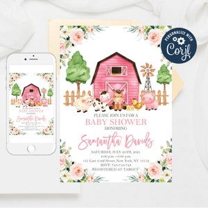 Editable Farm Baby Shower Invitation, Girl Barnyard Baby Shower Invitations, Pink Farm Animals Baby Shower Invitation Templates 71