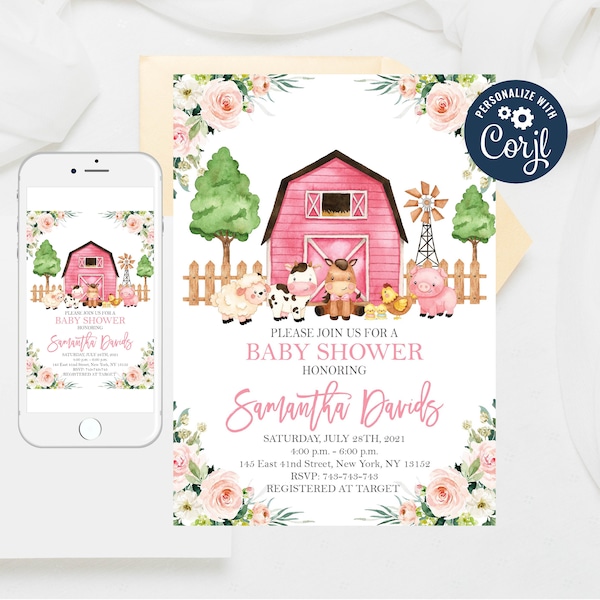 Editable Farm Baby Shower Invitation, Girl Barnyard Baby Shower Invitations, Pink Farm Animals Baby Shower Invitation Templates 71