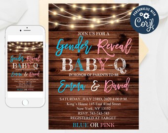 Editable Gender reveal Invitation, BBQ Invitation, BaByQ Gender Reveal Invitation, Rustic Gender reveal Invitation, Boy or Girl Templates 44