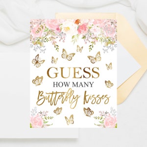 Vlinder raad eens hoeveel vlinder kusjes spel Blush roze rosé gouden vlinder babyshower strooi digitale afdrukbare Instant Download 2020