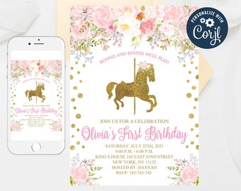 Editable Carousel Birthday Invitation,Carousel Invitation,Carousel Invite,Girl First Birthday Invitation,Floral Carousel First Birthday 295