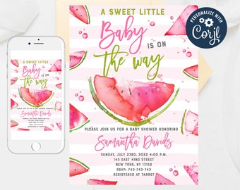Editable Pink Watermelon Baby Shower Watermelon Invitation A Sweet Little Baby Is On The Way Watermelon Baby Shower Invite Template 85-1