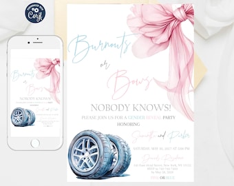 Burnouts or Bows Gender Reveal Invitation: Editable Car Wheels (Digital Download)