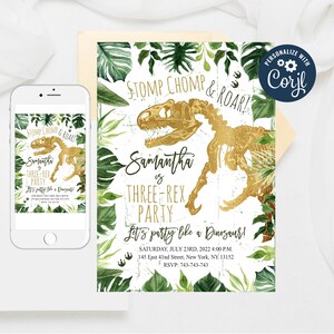 Editable Three-Rex Dinosaur Birthday Invitation: Gold Dino Party Template