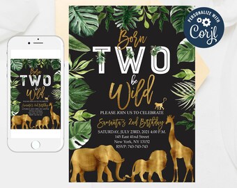 Born Two Be Wild Birthday Invitation: Gold Safari Animals (Editable)