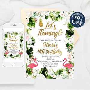 Editable Let&#39;s Flamingle Birthday Invitation: Tropical Flamingo Template