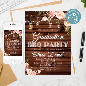 Editable Boho floral Graduation Invitation, BBQ Party Flowers Invite, String Light, Mason jar,Graduation BBQ Party invitation Template 29