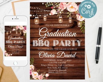 Editable Boho floral Graduation Invitation, BBQ Party Flowers Invite, String Light, Mason jar,Graduation BBQ Party invitation Template 29