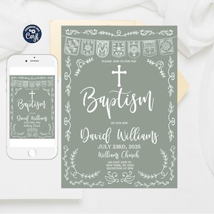 Editable Papel Picado Baptism Invitation, Sage Green Template, Mexican Theme Girl Bautizo Invitation Template, Bautizo Instant Download