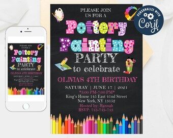 Editable Pottery Painting Invitation,Pottery Painting Party Invitation,Printable Art Paint Party Invitations,Pottery Birthday Invitations167